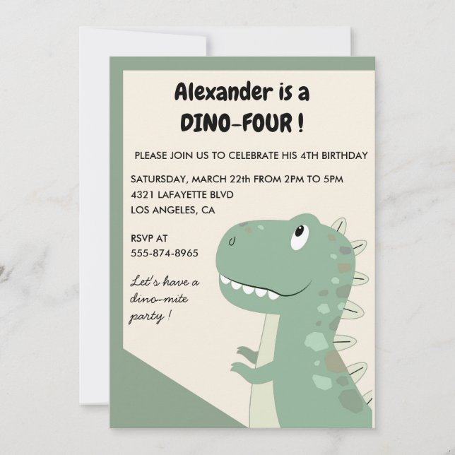 Dinosaur 4-års födelsedagsinbjudningar t rex grön  inbjudningar (Framsida)