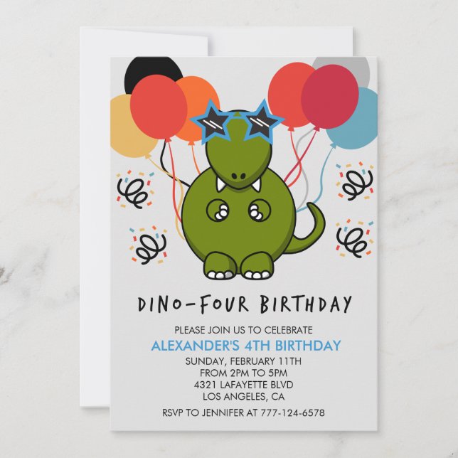 Dinosaur 4-årsdag Roliga barnballonger t rex Inbjudningar (Framsida)