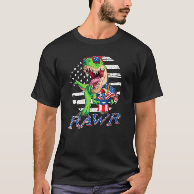 Dinosaur 4:e juli Boys t Rex American Flagga USA T Shirt (Framsida)