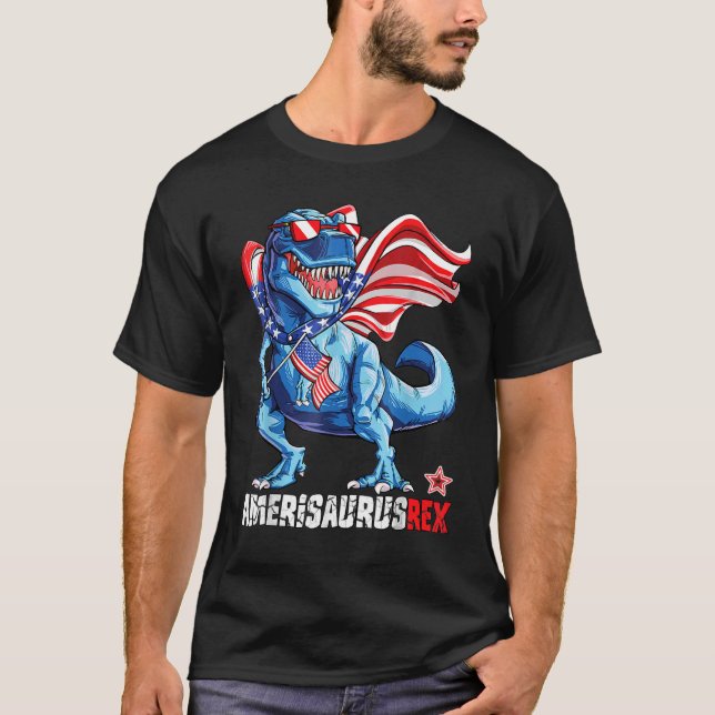 Dinosaur 4:e juli Sunglass USA flagga Amerisauru T Shirt (Framsida)