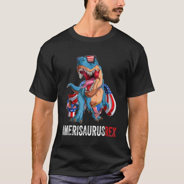 Dinosaur 4:e juli US Flaggor Amerisaurus Rex Sung T Shirt (Framsida)