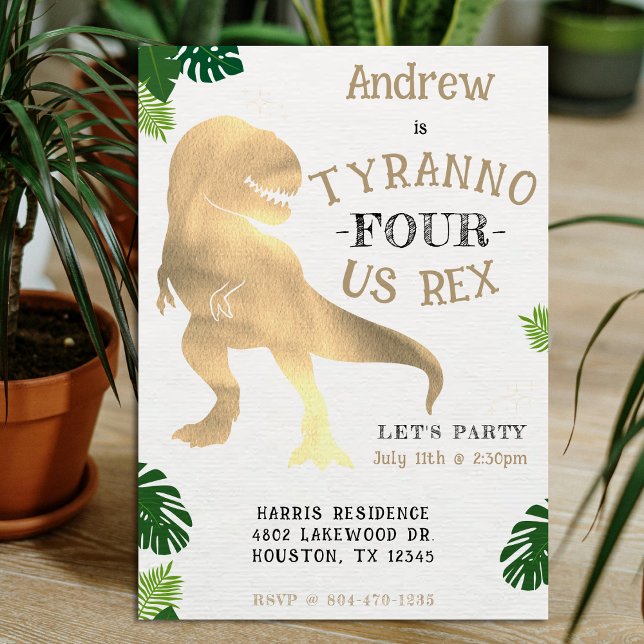 Dinosaur 4e födelsedagen Party Guld Tyrannosaurus  Inbjudningar (Dinosaur 4th Birthday Party Gold Tyrannosaurus Rex Invitation
)