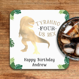Dinosaur 4e födelsedagen Party Guld Tyrannosaurus  Underlägg Papper Kvadrat