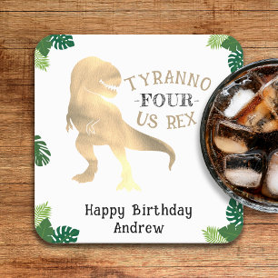 Dinosaur 4e födelsedagen Party Guld Tyrannosaurus  Underlägg Papper Kvadrat