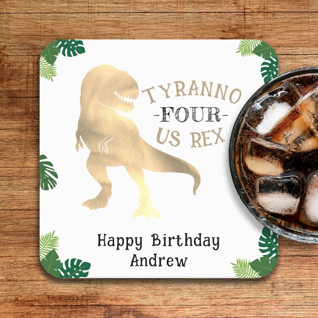 Dinosaur 4e födelsedagen Party Guld Tyrannosaurus  Underlägg Papper Kvadrat (Dinosaur 4th Birthday Party Gold Tyrannosaurus Rex Square Paper Coaster
)