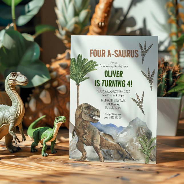 Dinosaur 4e födelsedagen-partybjudan spara datumet (Skapare uppladdad)