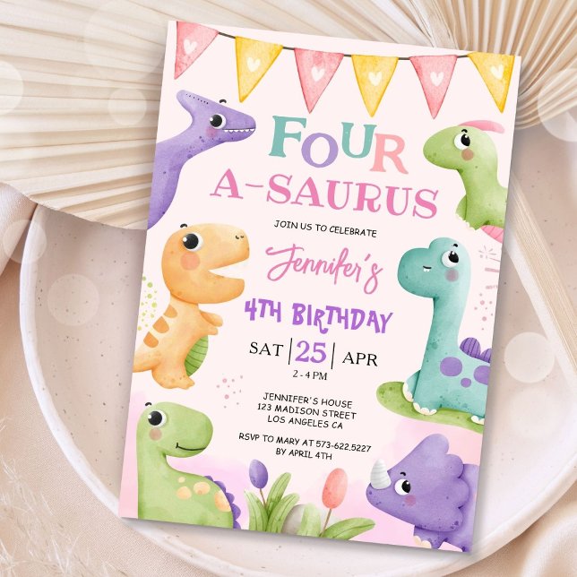 Dinosaur 4e födelsedagen Rosa Cute Four A Saurus Inbjudningar (Skapare uppladdad)