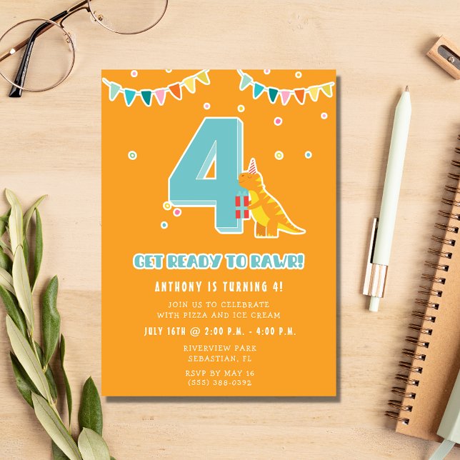 Dinosaur 4th Boy's Födelsedagsfest Inbjudningar (Skapare uppladdad)