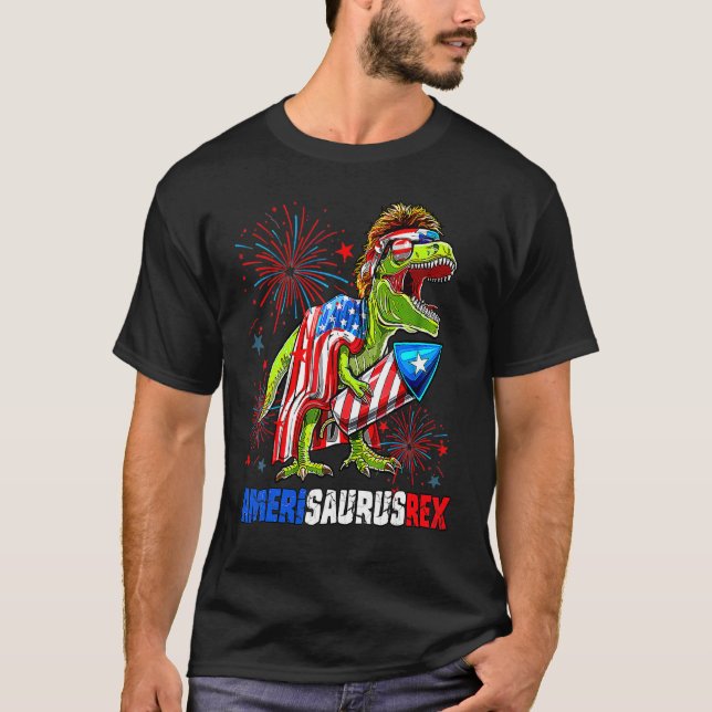 Dinosaur 4th Of July Amerisaurus Rex American Flag T Shirt (Framsida)