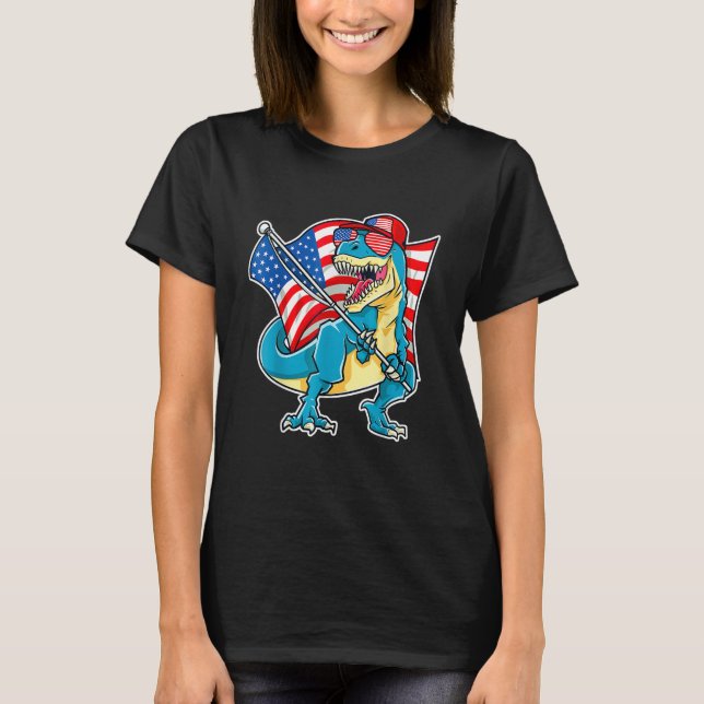 Dinosaur 4th Of July Boys Rex American Flag USA T Shirt (Framsida)