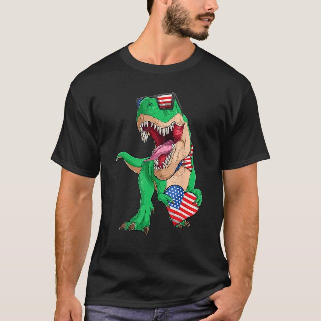 Dinosaur 4th of July Kids Boys Rex Flag USA Flag P T Shirt (Framsida)