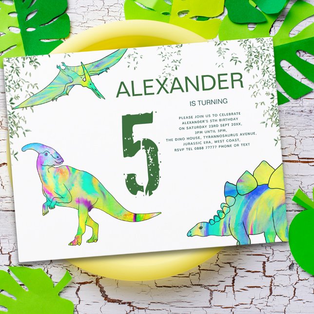Dinosaur 5-års födelsedagsfest budget inbjudan vykort (Colorful dinosaur jungle 5th birthday party budget invitation postcard watercolor dino modern art)