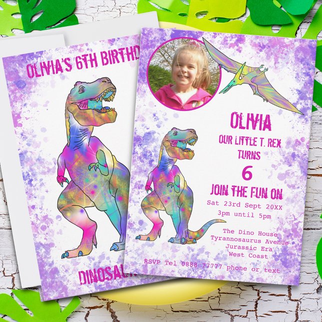 Dinosaur 5-års födelsedagsfirande T Rex Flicka Fot Inbjudningar (Girls 5th dinosaur birthday party invitation photo template T-Rex pterodactyl pink watercolor splash)