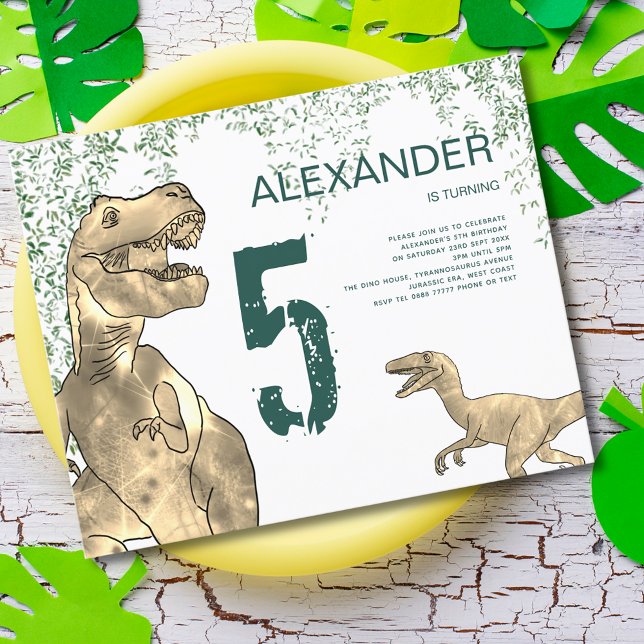 Dinosaur 5-årsfest budget (T-Rex and velociraptor Dinosaur jungle birthday party invitation modern green typography )