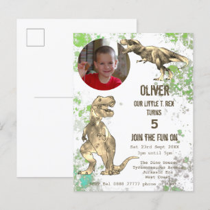 Dinosaur 5-årsfest T Rex Pojkar Foto Grön Inbjudan Vykort