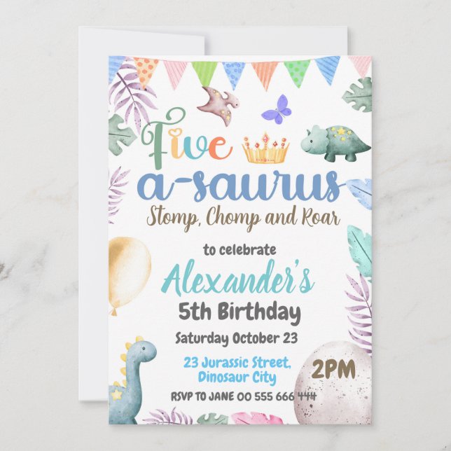 Dinosaur 5:e födelsedagen 5-A-Saurus Party Inbjudningar (Framsida)