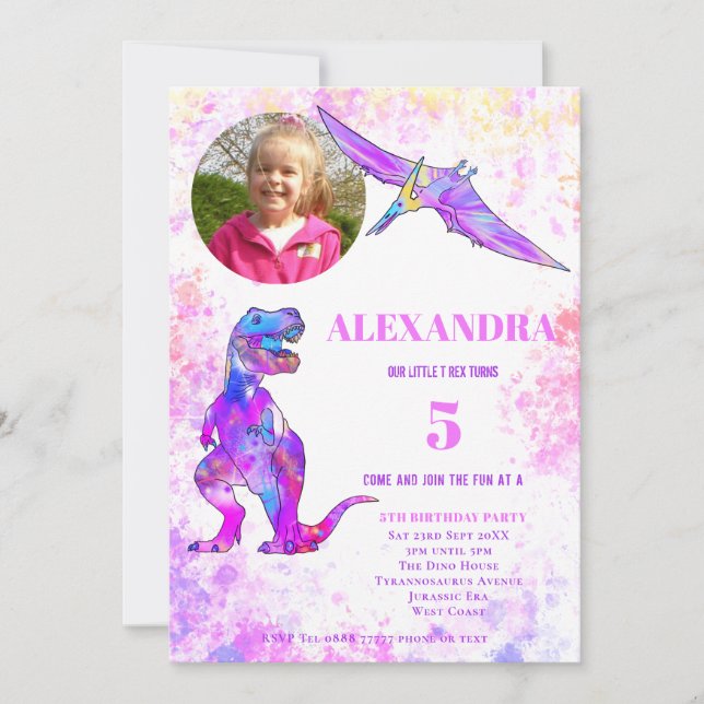 Dinosaur 5:e födelsedagen t Rex FotoRosa Inbjudningar (Framsida)