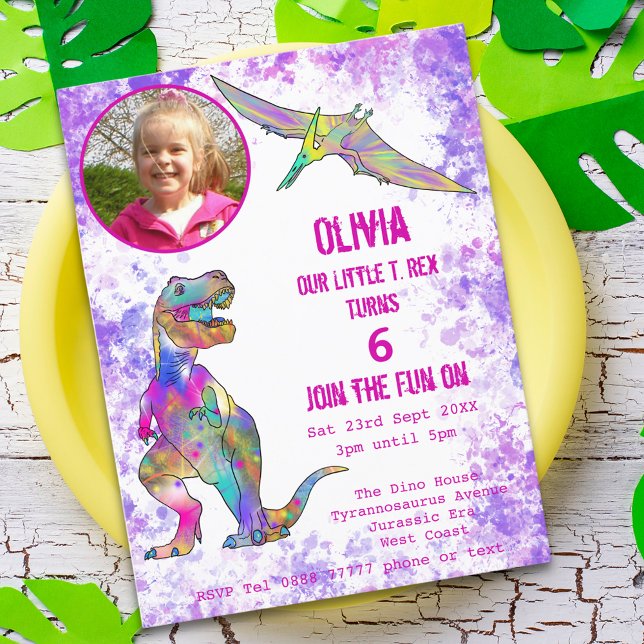 Dinosaur 5:e födelsedagen T Rex Girl Lila Rosa Inbjudan Vykort (Dinosaur T-Rex girls 5th birthday party budget invitation postcard with photo template watercolor)