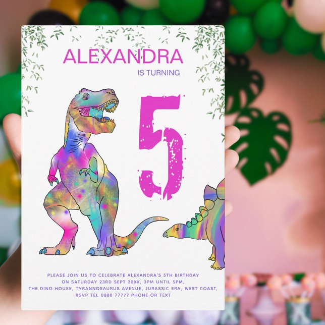 Dinosaur 5:e Födelsedagsfesten för flickor Inbjudningar (Girls pink dinosaur 5th birthday party invitation )