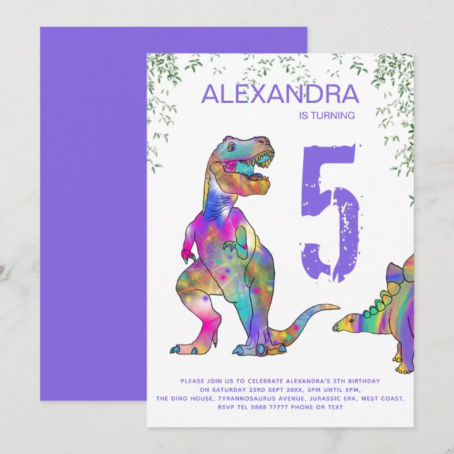 Dinosaur 5:e Födelsedagsfesten för flickors lila Inbjudningar (Fram/baksida)