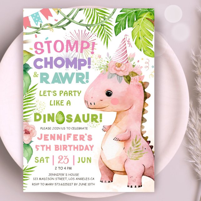 Dinosaur 5:e Födelsedagsfesten Rosa Dinosaur Girls Inbjudningar (#DinosaurBirthdayInvitation #DinosaurBirthdayInvite #GirlDinosaurBirthdayInvitation
)