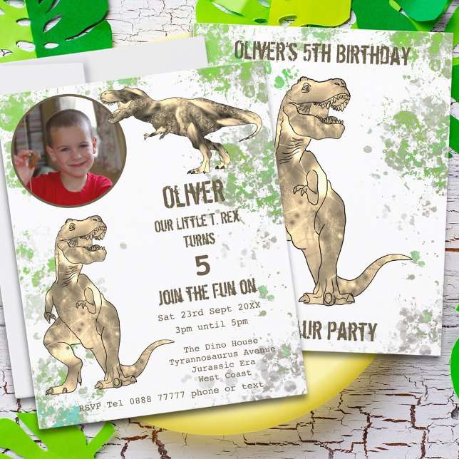 Dinosaur 5:e Födelsedagsfesten T Rex Boys Photo Gr (T-Rex Dinosaur 5th birthday party invitation Jurassic jungle with prehistoric Tyrannosaurus rex dino)