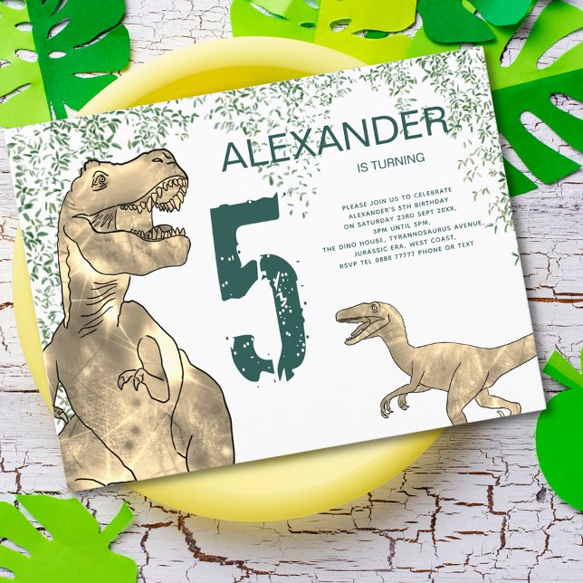 Dinosaur 5:e Födelsedagsfestens budget Inbjudan Vykort (Dinosaur jungle T-Rex and Velociraptor 5th birthday party budget invitation for dino lovers)