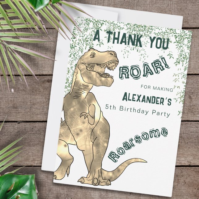 Dinosaur 5:e Födelsedagsfestens Tack Kort (Dinosaur 5th birthday party thank you for being roarsome custom card with T-Rex jungle roar)
