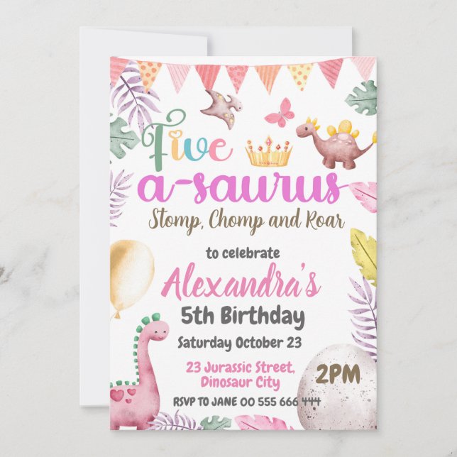 Dinosaur 5:e födelsedagsflicka 5 A-Saurus Party Inbjudningar (Framsida)