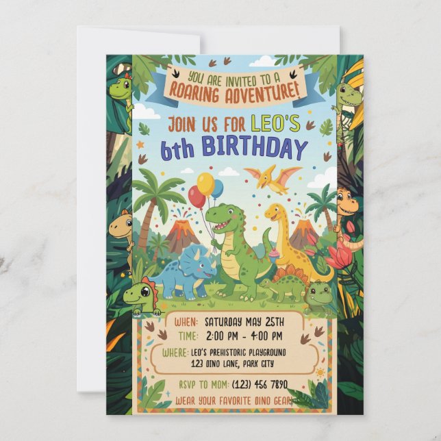 Dinosaur 6-års födelsedagsjungelparty Äventyrslätt Inbjudningar (Framsida)