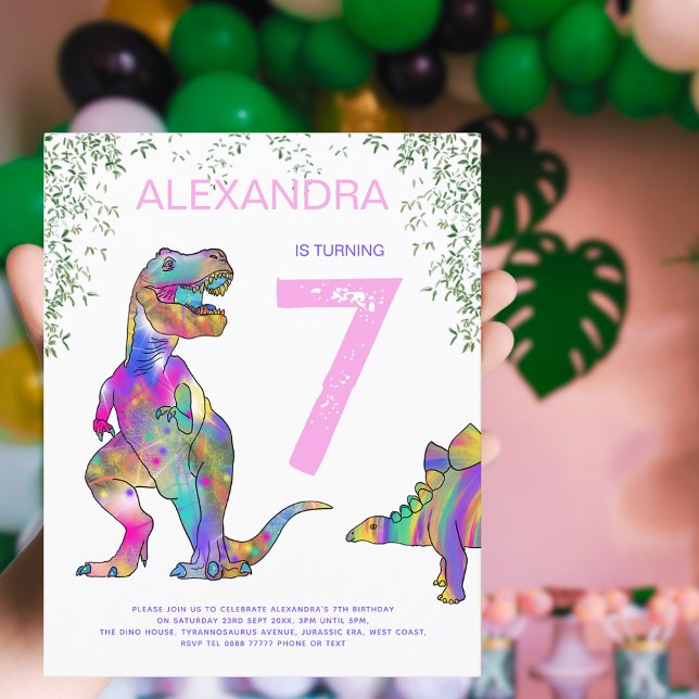 Dinosaur 7-års födelsedagsfest Rosa Budget (Girls Dinosaur 7th birthday party budget invitation colorful watercolor T-Rex & stegosaurus  dino)