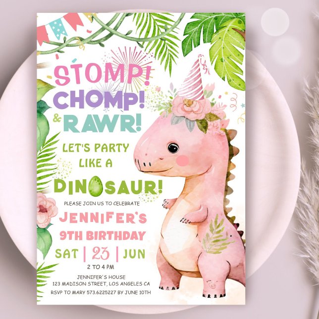 Dinosaur 9: e Födelsedagsfestens Rosa Dinosaur Gir Inbjudningar (#DinosaurBirthdayInvitation #DinosaurBirthdayInvite #GirlDinosaurBirthdayInvitation
)