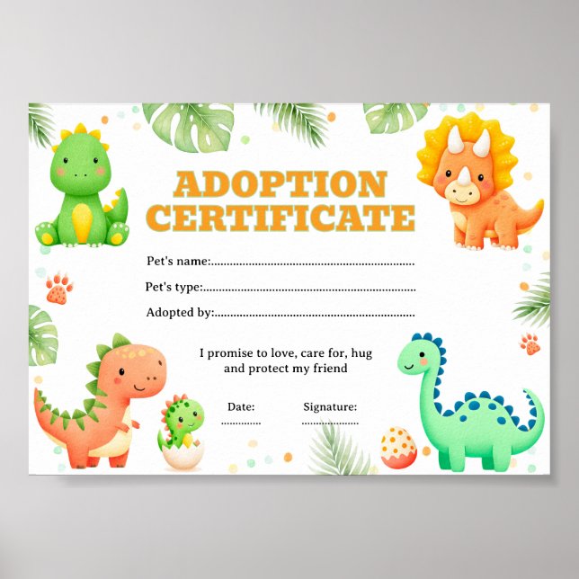 Dinosaur adoptera ett husdjur färgläggning certifi poster (Framsidan)