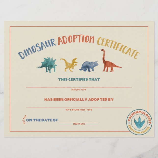 Dinosaur Adoption Certificate översätts till: Dipl (Framsida)