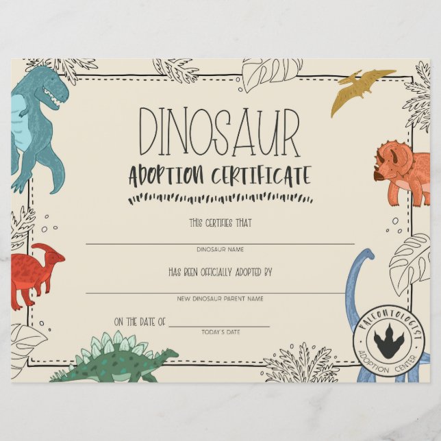 Dinosaur Adoption Certificate översätts till: Dipl (Framsida)