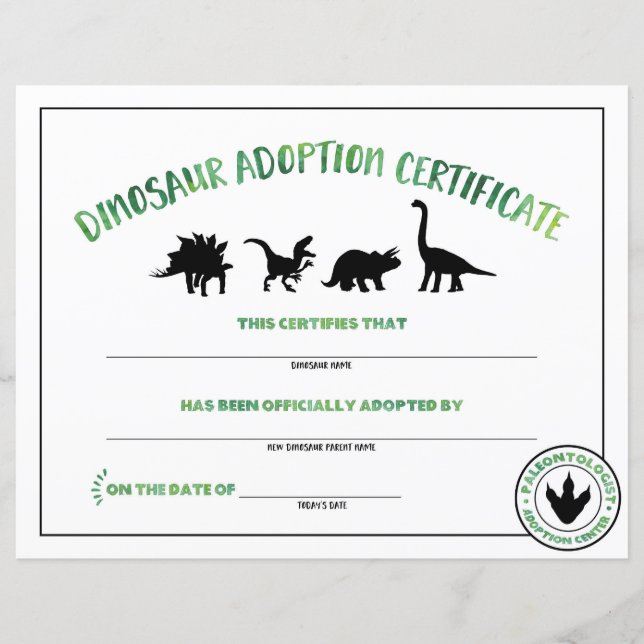 Dinosaur adoptionscertifikat (Framsida)