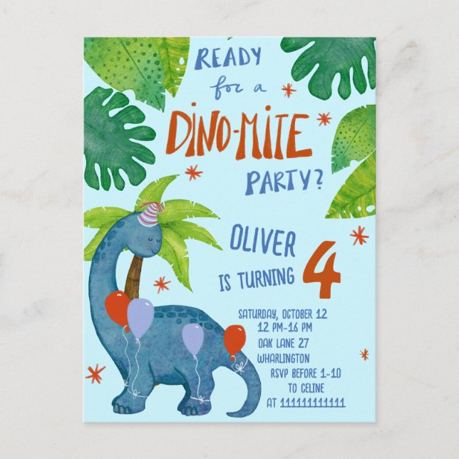 Dinosaur akvarell söta födelsedagsfest vykort (Framsida)