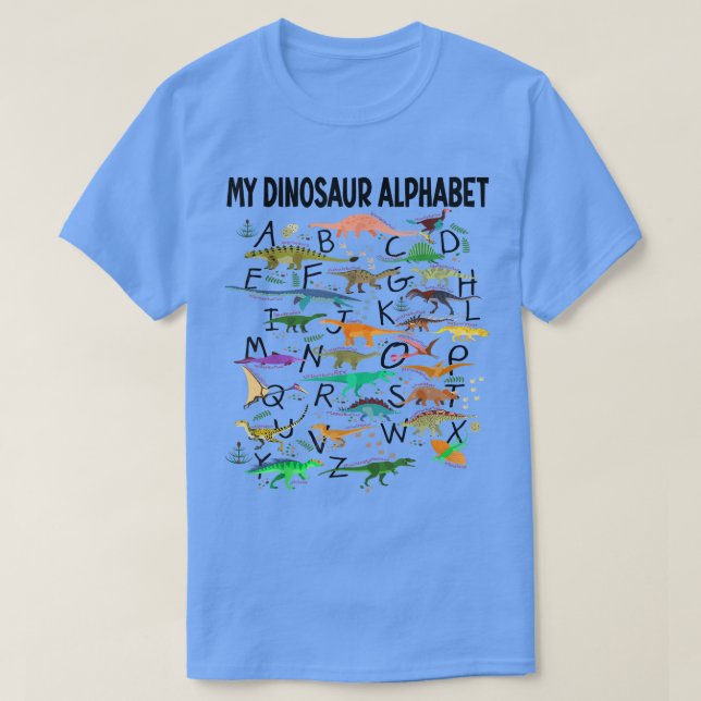 Dinosaur Alphabet Dino Abc För barn Boys Manar Kvi T Shirt (Design framsida)