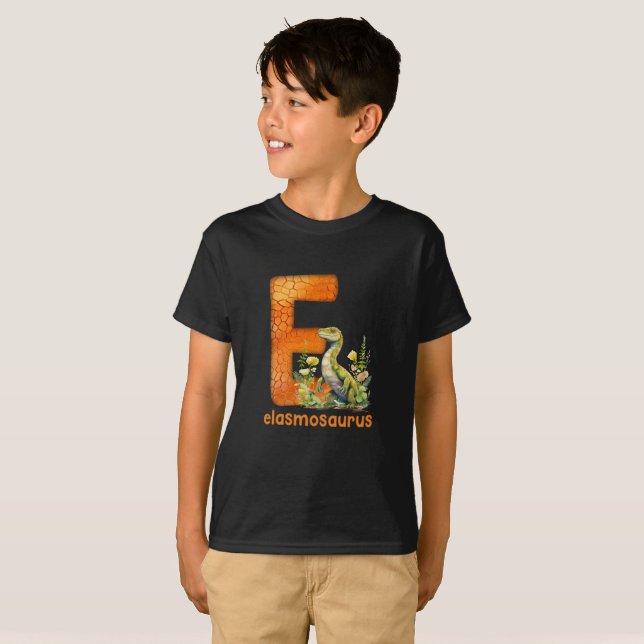 Dinosaur Alphabet E typ Elasmosaurus T Shirt (Hel framsida)