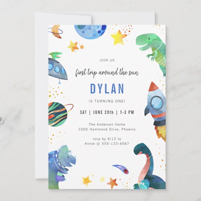 Dinosaur Astronaut Outer Space Birthday Invitation Inbjudningar (Framsida)