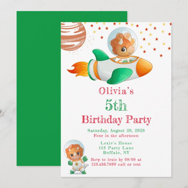 Dinosaur Astronaut Rocketship Girl Födelsedagsfest Inbjudningar (Fram/baksida)