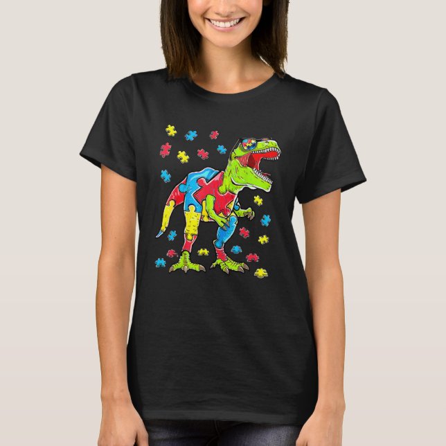 Dinosaur Autism Awareness Puzzle Piece Boys Kids T T Shirt (Framsida)