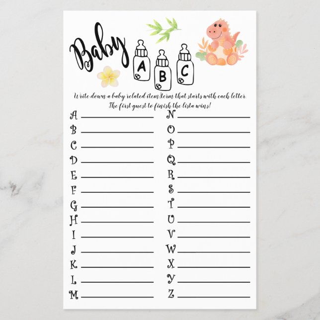 DINOSAUR BABY ABC BABY SHOWER GAME-KORT FLYGBLAD (Framsidan)