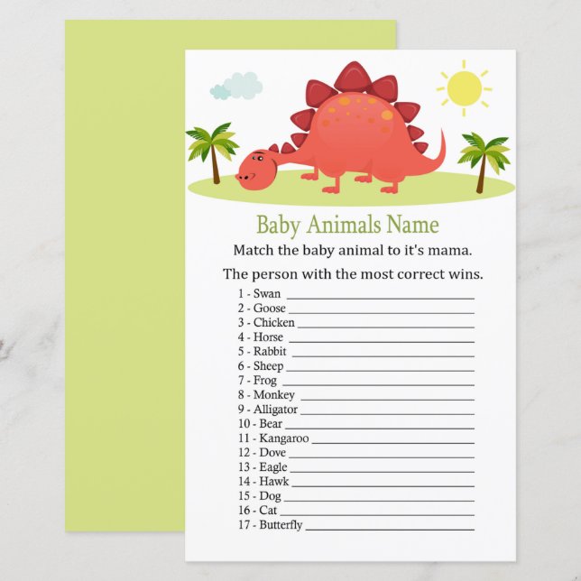 Dinosaur Baby djur Namn Game (Fram/baksida)