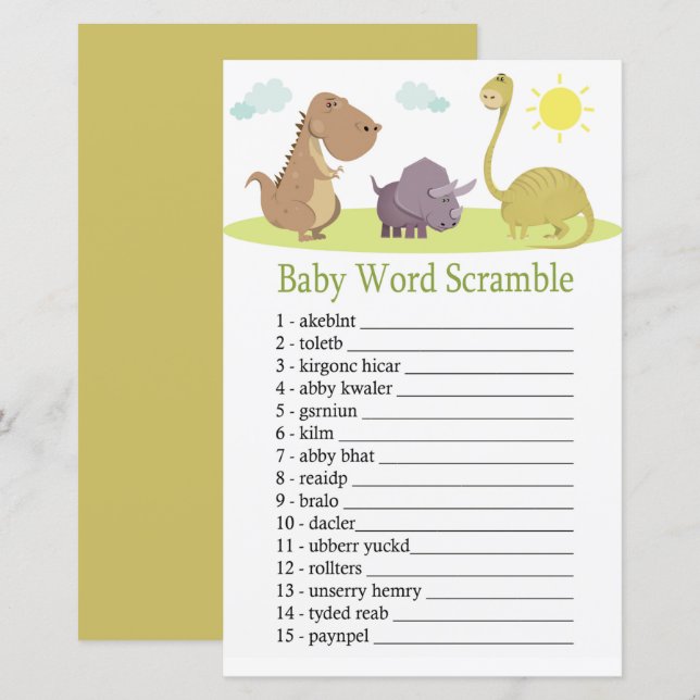 Dinosaur Baby ord scramble-spel (Fram/baksida)