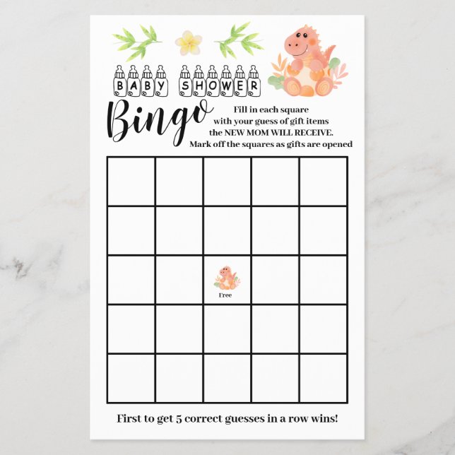 Dinosaur Baby Shower Bingo Game Card Flygblad (Framsidan)