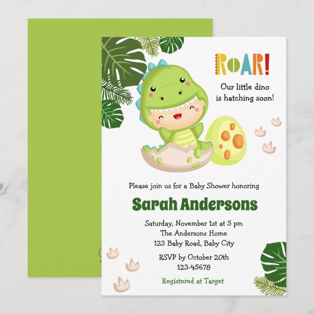 Dinosaur Baby Shower bjuder in ROAR Cute Dino Inbjudningar (Fram/baksida)
