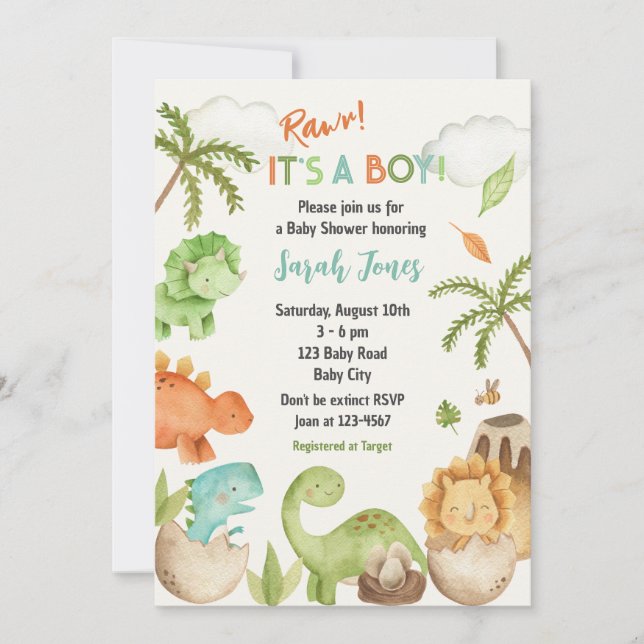 Dinosaur Baby Shower bjuder in sin gosse Cute Inbjudningar (Framsida)