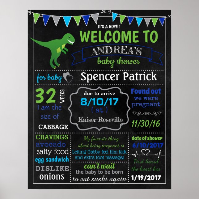 Dinosaur Baby Shower chalkboard-skylt poster (Framsidan)