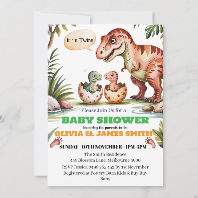Dinosaur Baby Shower för Anpassningsbar för Twilli Inbjudningar (Framsida)